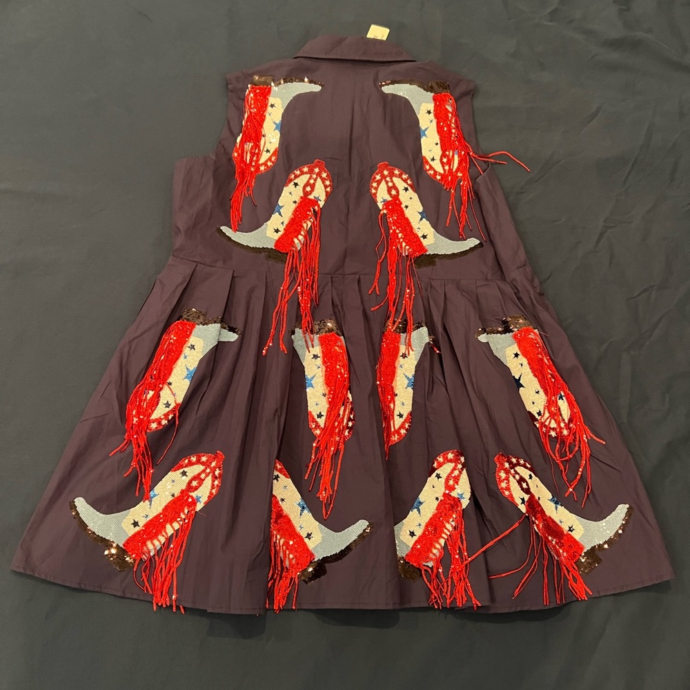 QUEEN OF SPARKLES Navy Blue Western Fringe Mini Dress with Red & White Accents - Picture 5 of 6